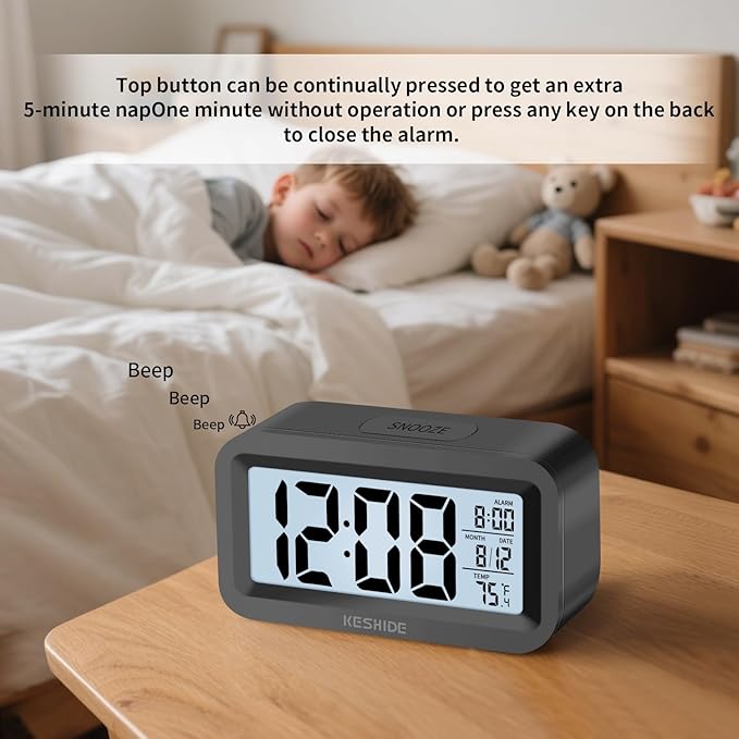Travel Digital Alarm Clock,Battery Operated with Backlight, Indoor Temperature, Desk Small Clock,Snooze Model,12/24H Display for Bedrooms Heavy Sleepers Kids Travel Bathroom (Black)