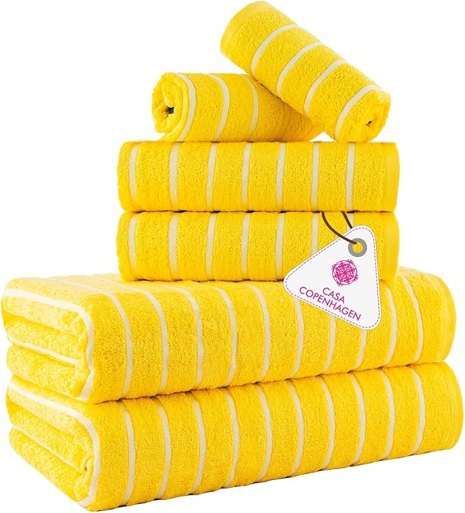 CASA COPENHAGEN Ecstatic 6Pcs 100% Egyptian Cotton Large Designer Towels Gift Set- Yellow, 600GSM, 2Bath 2Hand 2Washcloths, Bath Towels for Bathroom Set for Women & Men