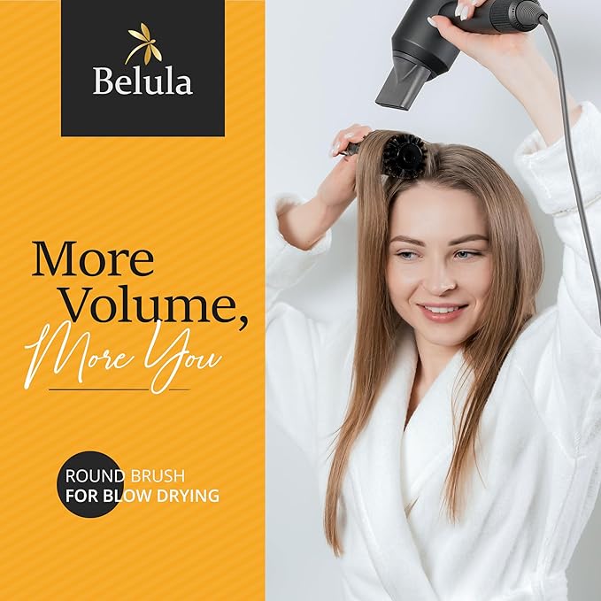 Belula 100% Soft Boar Bristle Round Brush for Blow Drying Set. Round Hair Brush With Medium 2.1” Wooden Barrel. Hairbrush Ideal to Add Volume and Body. Free 3 x Hair Clips & Travel Bag.