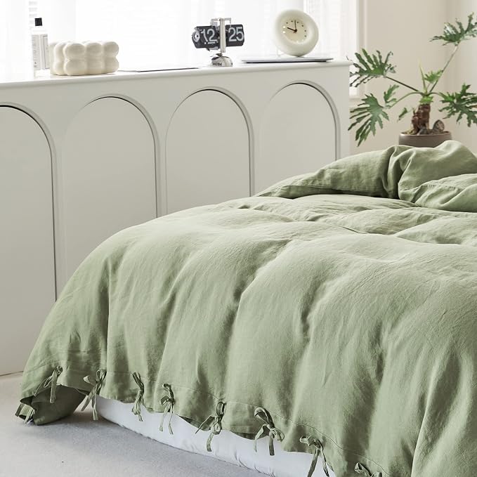 Simple&Opulence 100% Linen Duvet Cover Set 3pcs with Bowknot Ties Closure Natural French Washed Flax Solid Color Soft Breathable Farmhouse Bedding - Sage Green, King Size