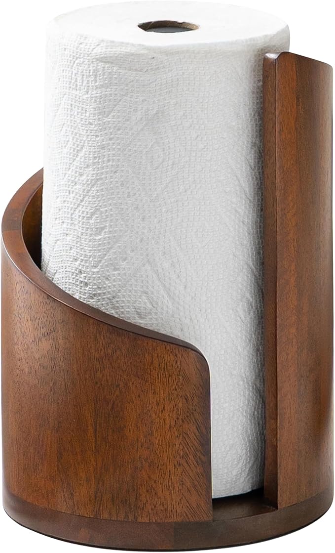 Anji Mountain Wooden Paper Towel Holder Countertop with Mango Wood Round Base and Iron Holder, Holder Stand for Kitchen Roll Organizer & Kitchen Dining Table Home Decor - Walnut/Black, Classic