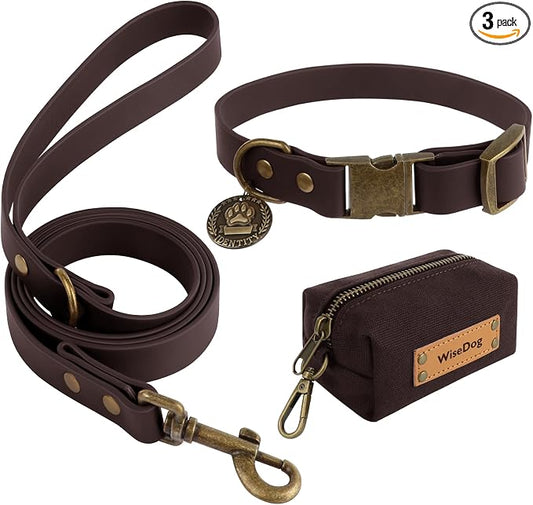 Wisedog Waterproof Dog Collar and Leash Set, XL, Brown | Adjustable Puppy Collar, Cute Tag, 6FT Dog Leash, Poop Bag Included, Small Medium Large Dogs