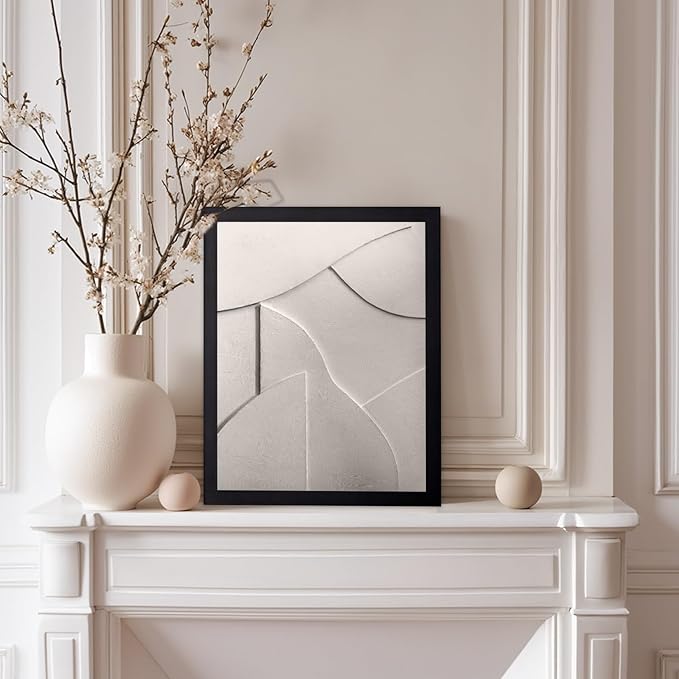 Monem Art Minimalist White Geometric Texture Print - Abstract Scandinavian Wall Art Poster - Wall Decor for Living Room, Bedroom or Office - 8x10 Black Framed Wall Art by Mareike Bohmer