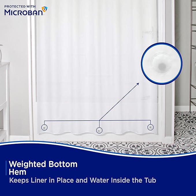 Kenney - Microban PEVA Shower Curtain Liner, Waterproof Medium-Weight 4.8 Gauge Design with Rust-Resistant Metal Grommets and Weighted Magnetic Hem, 70" x 72", Frosted