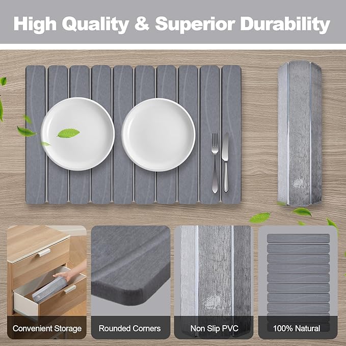 Stone Drying Mat for Kitchen Counter, 24"x16" Large Diatomaceous Earth Stone Dish Drying Mat, Fast Absorbing Foldable Quick Dry Stone Sink Mat for Dishes, Pans & Kitchen Utensils (Gray)