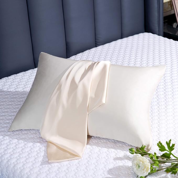 100% Mulberry Silk Pillowcase 2 Pack for Hair and Skin,with Hidden Zipper,Both Sides 19 Momme 600 Thread Count Natural Silk Pillow Cover,Soft Breathable Smooth (Buff Beige, Standard 20''x26'')