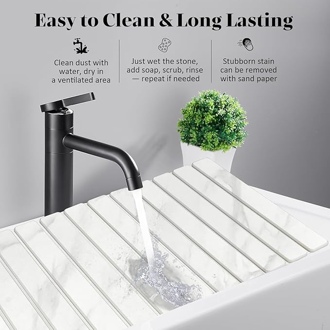 2 PCS Large Stone Dish Drying Mat for Kitchen Counter, 28"×16" Marble Dish Drying Mat with 8"x 4" Coasters, Non - Slip Collapsible Absorbent Mat for Multi - Purpose, Match Any Countertop【White】