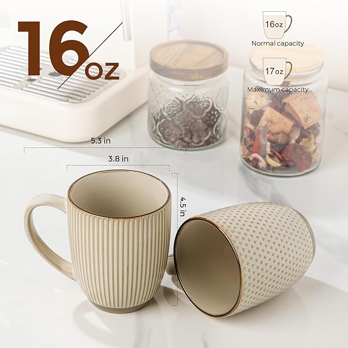 GBhome Large Coffee Mugs Set of 6, 16oz Handmade Embossed Coffee Mugs Set with Large Handle for Cappuccino/Latte/Tea/Hot Cocoa, Dishwasher & Microwave Safe, Khaki