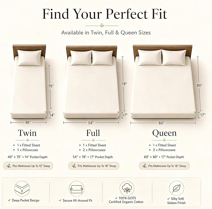 MakeMake Organics Organic Full Fitted Sheet Set GOTS Certified Organic Cotton Fitted Sheet with 2 Pillowcase Ultra Soft Non Toxic Breathable Hypoallergenic Colorful Neutral (Full, Solid Taupe)