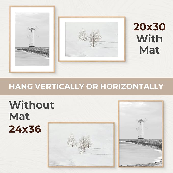 24x36 Picture Frame with Mat for 20x30, USA-Sourced Beech Wood Handcrafted Rounded Corner with HD Tempered Glass, 24 x 36 Gallery Wall Frames for Posters & Art Prints, Vertically or Horizontally