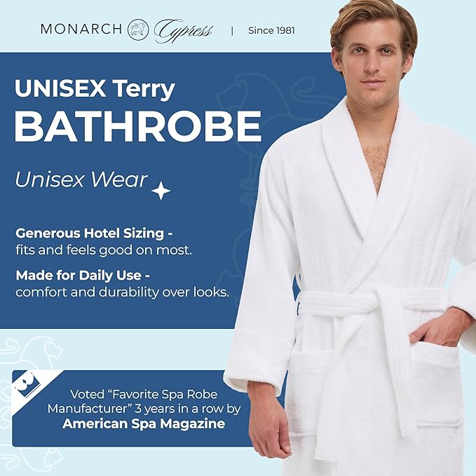 MONARCH Terry Shawl Collar Unisex Bathrobe – Thick Terrycloth Fabric, Generously Sized Hotel & Spa Robe with Pockets