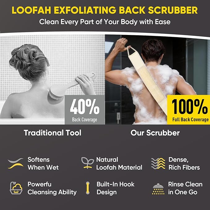 2 Pack Egyptian Loofah Back Scrubber for Shower, Loofah with Handle for Men and Women, Natural Loofah Sponge Exfoliating Body Back Scrubber