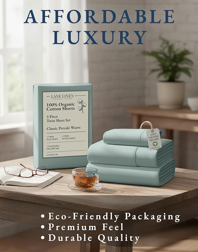 LANE LINEN 100% Organic Cotton Twin Bed Sheet Set, Mercerized Fully Elasticized Eco Friendly Sustainably Produced Bedding Sheets & Pillowcase Set, 15" Deep Pocket Twin Sheets - French Blue