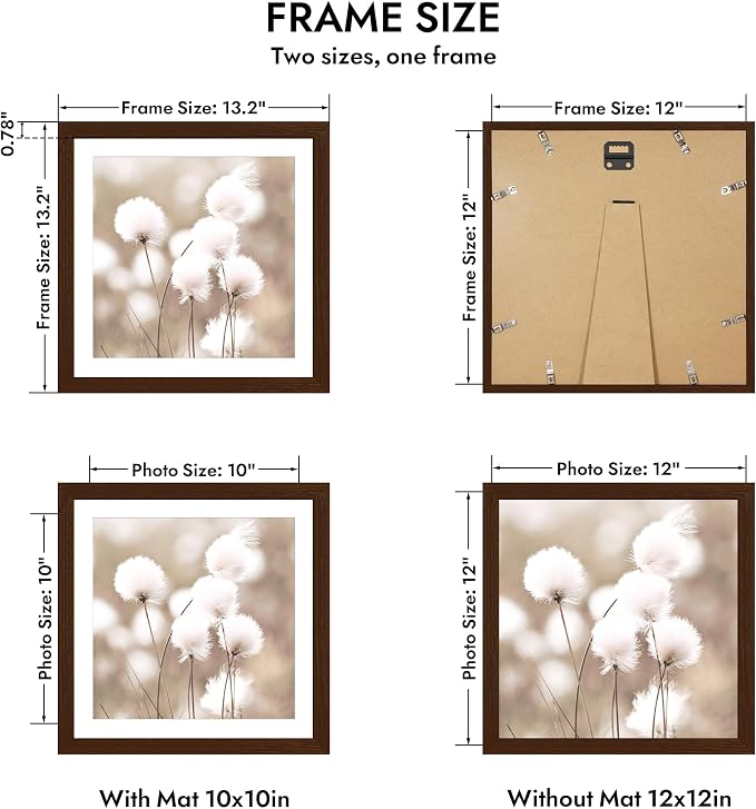Hongkee 12x12 Oak Wood Picture Frame 1 Pack(Matted 10x10), Real Glass Cover | Walnut, 10 x 10 Solid Wood Frame for Wall or Tabletop Display - Includes Easel Back, Vertical Hang - Ideal for Home, Office