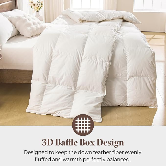 Goose Feather Down Fiber Comforter Full Size - 100% Organic Cotton Shell All Season Duvet Insert, Medium Warmth Hotel Luxury Bedding Comforter(82x86 Inch, White)
