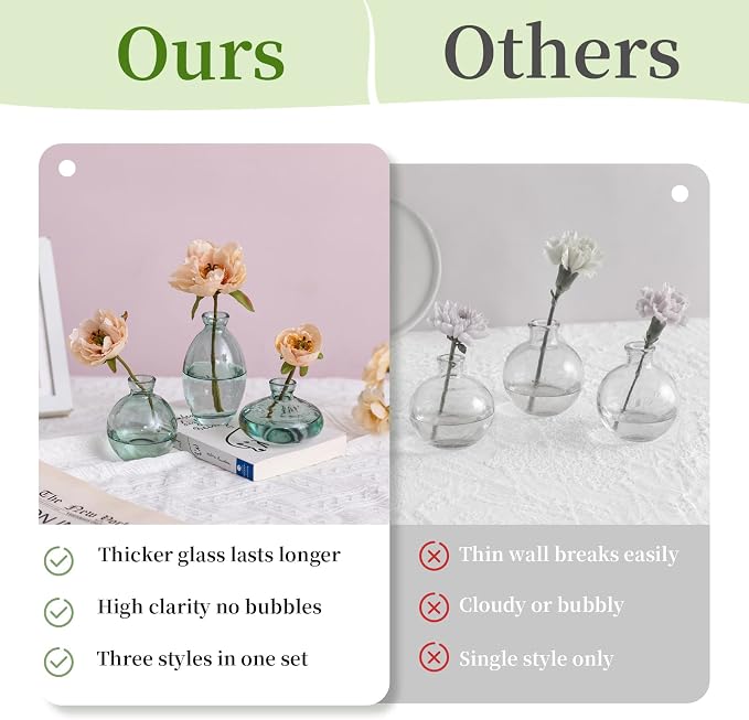 Small Glass Bud Vase for Centerpieces, 6Pcs/2Sets Green Modern Small Mini Flowers Vases Short Minimalist Aesthetic Vintage Cute Handmade Tiny Wedding Table Centerpiece for Single Flower Rose