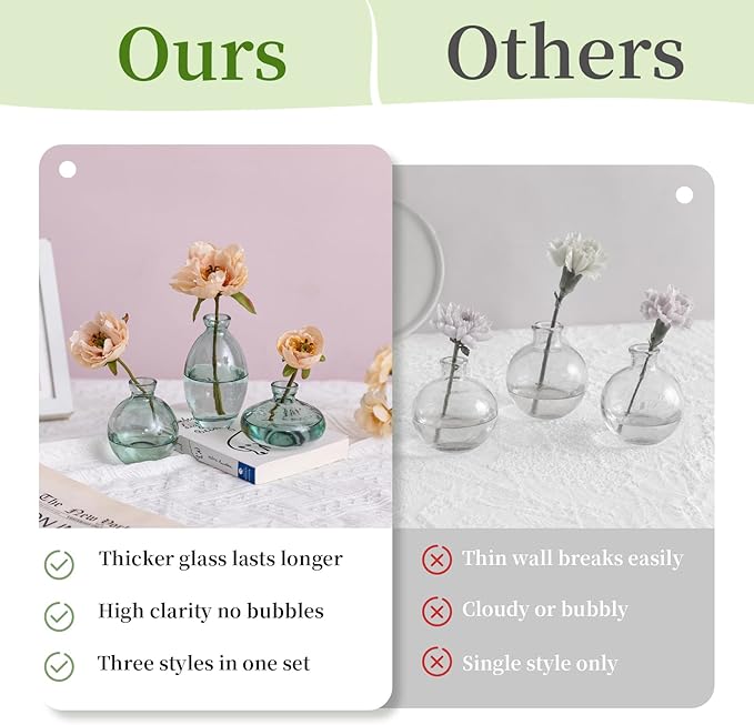 Bud Vases 3Pcs/Set Small Vases Handmade Cute Green Small Vases for Flowers Centerpieces Glass Vases Mini Vase Home Decor Centerpieces, Events Table Decor