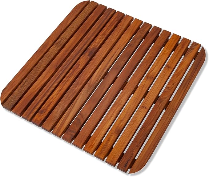 Nordic Style Teak Shower, Bath and Spa Mat | Indoor + Outdoor Use | Non-Slip Wood Platform | Spa, Sauna, Pool, Hot Tub | Luxury Decor (Oiled Finish, 19.6" x 19.6")