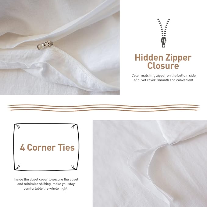 BISELINA French Linen Duvet Cover Set 2pcs with Hidden Zipper Closure Natural Flax Cotton Blend Solid Color Soft Breathable Luxury Farmhouse Bedding - Twin Size, White
