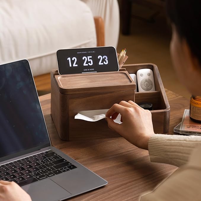 YESWOOD Walnut Tissue Box Cover - Multifunctional Tissue Box Holder with Storage Tray, Minimalist Rectangle Tissue Box Cover for Living Room, Bedroom, Bathroom, Office.