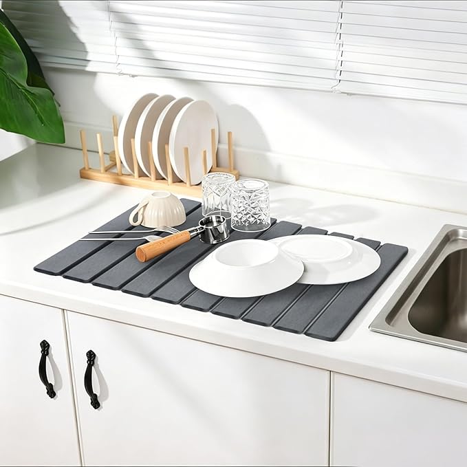 Large Stone Drying Mat for Kitchen Counter, Multifunction Stone Bath Mats for Bathroom, Collapsible Stone Dish Drying Mats, Quick Dry Diatomaceous Earth Drying Stone for Kitchen Counter, 24×16''-White