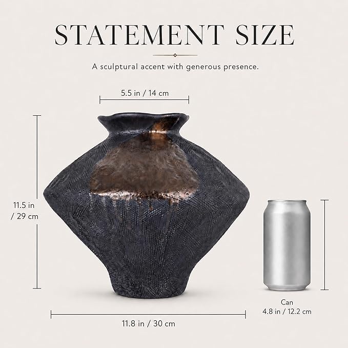 Black Wabi Sabi Vase, Large Rustic Ceramic Vase for Home Decor, Textured Black Pottery-Inspired Statement Vase for Dining Table Console Coffee Table Curated Modern Decor