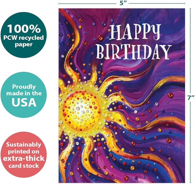 Tree-Free Greetings Another Glorious Trip Birthday Card - 1 Recycled 5x7 Card & Matching Envelopes, Thick Cardstock, Made in USA - Artfully Painted Sun
