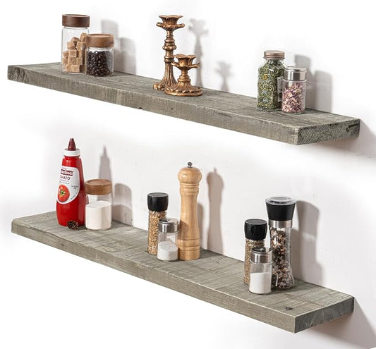 Fun Memories 36 Inch Reclaimed Wood Floating Shelves for Wall, 8 Inch Deep Heavy Duty Rustic Wooden Shelf with Invisible Brackets for Fireplace, Kitchen & Coffee Bar, Grey