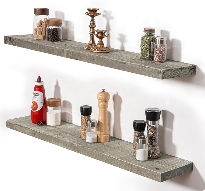 Fun Memories 48 Inch Reclaimed Wood Floating Shelves for Wall, 8 Inch Deep Heavy Duty Rustic Farmhouse Floating Shelf with Invisible Brackets for Fireplace Mantel & Coffee Bar, Grey