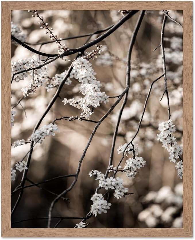 Monem Art Cherry Blossom Branch Photography Print - Moody Botanical Nature Art Poster - Wall Decor for Living Room, Bedroom or Office - 8x10 Beige Framed Wall Art by Mareike Bohmer