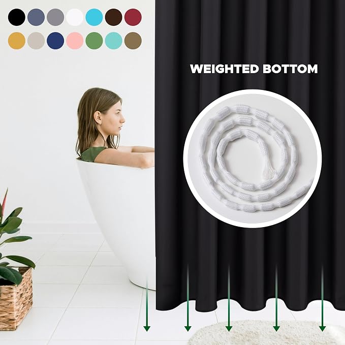 Biscaynebay Hotel Quality Fabric Shower Curtain Liners 66" Width by 72" Length, Black Water Resistant Bathroom Curtains, Rust Resistant Grommets (11 Holes) Weighted Bottom Machine Washable