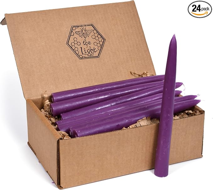 100% Pure Beeswax Taper Candles - All-Natural Handmade Decorative & Dipped Smokeless Unscented Candles for Christmas, Advent, and Hanukkah, Purple Cosmos, 8.5 Inches, 24 Candle Set, by BeeTheLight