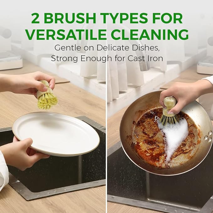AIRNEX Bamboo Dish Brush Set - 3 Pack Sisal & Coconut Medium and Hard Bristles & 2 Pack Dish Brushes with Handle - Non-Scratch, Odor-Free, Quick-Drying Kitchen Scrubbers for Dishes, Pans, Pots & Sink