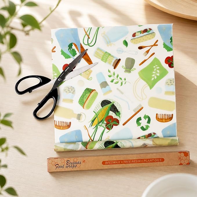 Reusable Beeswax Food Wraps, 12 x 40 Inch Organic Cotton Beeswax Wraps, Plastic-Free Eco Friendly Food Storage Sheets for Kitchen, Bread, Cheese, Fruits and Sandwiches