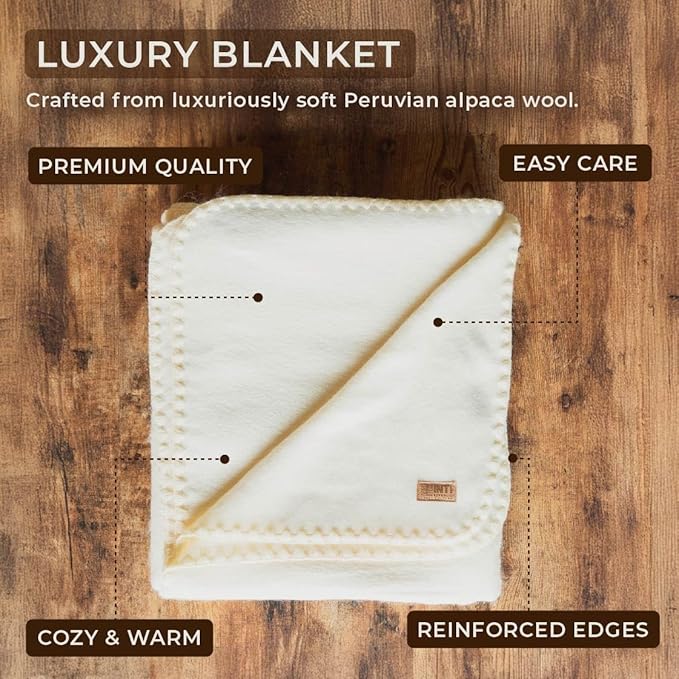 Alpaca Wool Throw Blanket | Ultra Soft, Lightweight, Warm, Breathable, Non-Itchy | Classic, Elegant-Minimalist Design for Bed, Couch, Travel, or Gift | 90" L x 64" W (Cream White)
