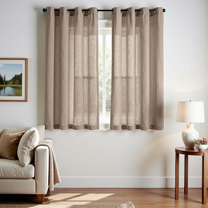 jinchan Short Linen Curtains Curtains 54 Inch Long for Bedroom Small Window Curtains for Kitchen Bathroom Taupe Farmhouse Drapes Light Filtering Rustic Grommet Drapes Tan 2 Panels Each 50 Inch Wide