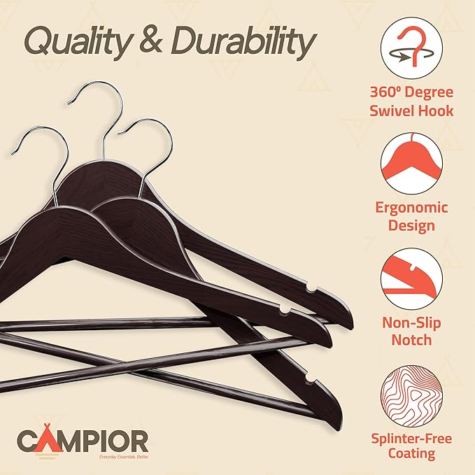 Cherry Wooden Hangers 60 Pack – Heavy-Duty with 360° Swivel Hook, Non-Slip, Pants Bar & Shoulder Grooves - Wooden Hangers for Suits, Jackets, Dresses & Camisoles, Space-Saving and Smooth Finish