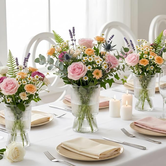 Tlence 12 Pack Clear Plastic Flower Vases, 6.3" Small Ribbed Fluted Glass-Like Vase, Decorative Modern Ripple Hydroponic Plant Vase with Base for Table Centerpieces Home Decor Wedding Decoration