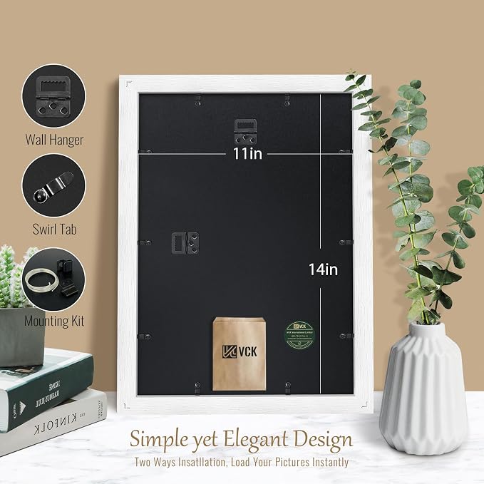 VCK 11x14 Picture Frame Set of 4 - White, Gallery-Quality Wood Poster Frames, 1.1-Inch Wide Border, Polished Plexiglass, Vertical or Horizontal Wall & Tabletop Display for Photo/Art/Prints, White