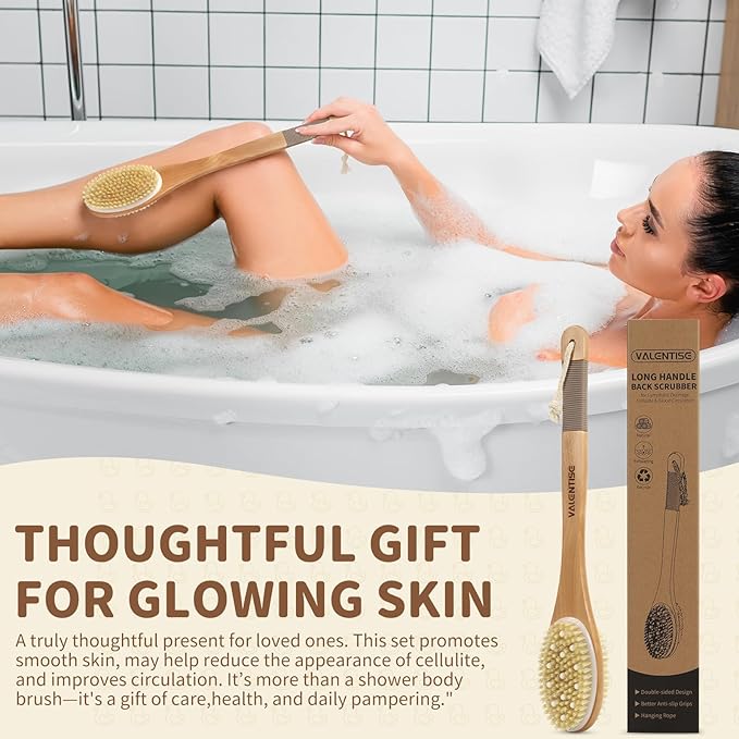 Back Scrubber for Shower, Shower Brush Long Handle with Boar Bristle and Massage Nodes, Exfoliating Body Scrubber for Lymphatic Drainage, Cellulite & Blood Circulation