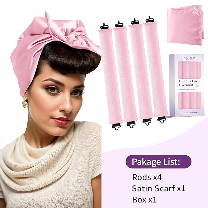 Heatless Curls Overnight Hair Curlers - 4 Pcs No-Heat Curling Rod to Sleep In,Velvet Hair Rollers with Satin Wrap