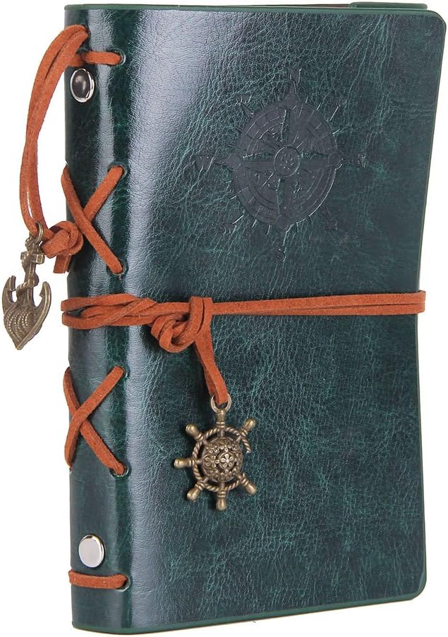 EvZ Retro Green Leather Journal - 5" Refillable Vintage Nautical Notebook with Anchor & Rudder Pendants - Small Spiral Blank Sketchbook for Travel, Nature Writing & Art - Classic Embossed Diary, Forest Green