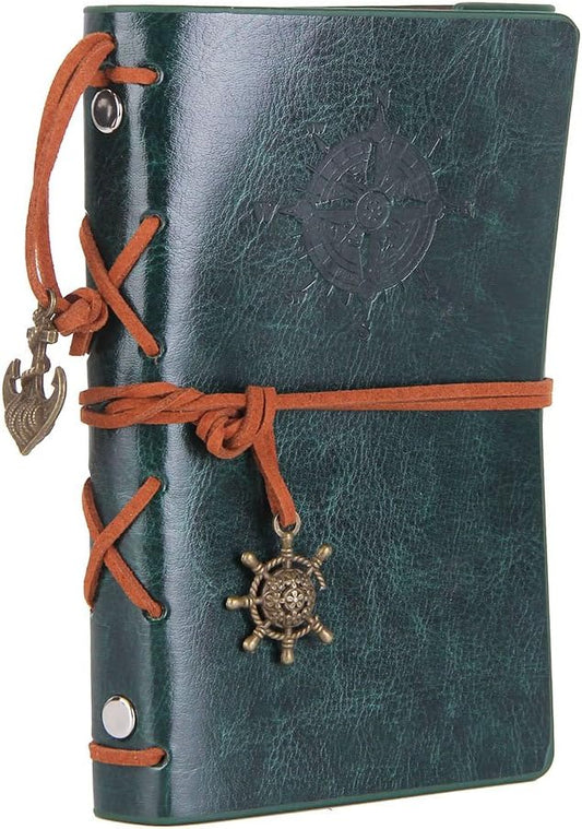 EvZ Retro Green Leather Journal - 5" Refillable Vintage Nautical Notebook with Anchor & Rudder Pendants - Small Spiral Blank Sketchbook for Travel, Nature Writing & Art - Classic Embossed Diary, Forest Green