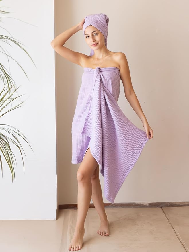 4 Pieces Muslin Towel Set for Bathroom, Luxury 100% Turkish Cotton Thin Soft Quick-Dry Lint-Free Large Size Bath Hand Towel Sets (Lilac, 2 Bath & 2 Hand Towel Set)