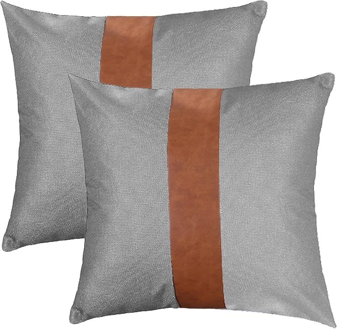 TAOSON Set of 2, Cotton Canvas & Faux Leather Pillow Covers 18x18 Inch - Brown Grey Patchwork Striped Throw Pillow Cases Modern Farmhouse Cushion Covers for Sofa