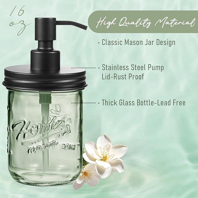 SheeChung 16Oz Mason Jar Green Glass Soap Dispenser, Stainless Steel Pump, Refillable Dish soap Dispenser for Kitchen, Bathroom Hand Soap Dispenser for Lotion, Liquid, Farmhouse Decor (Black, 1 Pack)