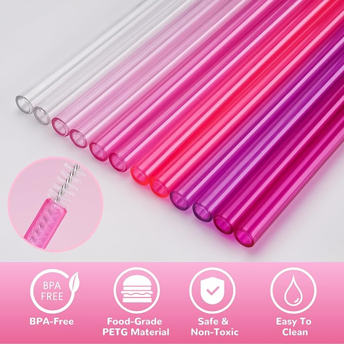 NiHome 12-Pack Plastic Reusable Drinking Straws Fit for Stanley 40 oz 30oz 64 oz Tumbler, 6 Color 12 In Reusable Straws Fit for Stanley Cups, 2 Brushes, BPA-Free for Cold & Hot Drinks (Gradient Pink)