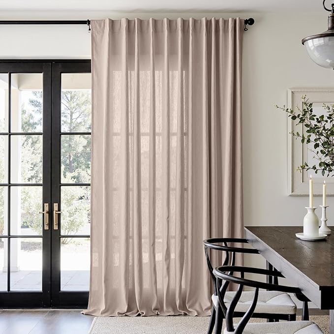 jinchan Extra Wide Sliding Door Curtain 108 Inch Length Taupe Linen Curtains Semi Sheer Drapes for Patio Door Living Room Bedroom Floor to Ceiling Light Filtering Drapes 100 Inches Wide 1 Panel