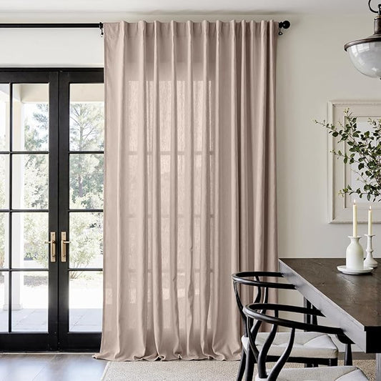 jinchan Extra Wide Sliding Door Curtain 108 Inch Length Taupe Linen Curtains Semi Sheer Drapes for Patio Door Living Room Bedroom Floor to Ceiling Light Filtering Drapes 100 Inches Wide 1 Panel