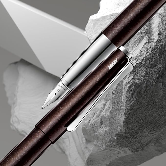 LAMY Studio Dark Brown Fountain Pen - Universal Fountain Pen in Elegant All-Metal Housing - 14 Carat Gold Nib, Partially Platinum Plated & in Line Width F - Includes Lamy T 10 Ink Cartridge Blue